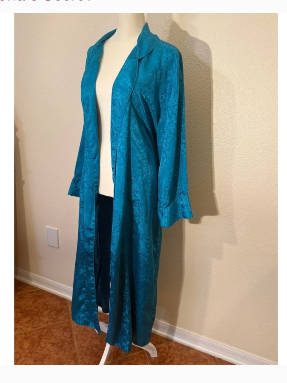 Vintage Victorias Secret Gold Label Teal Blue Satin Floral Jacquard Robe P/S